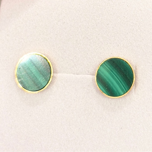Jewelry - Vintage Malachite Gold Earrings: 18K solid yellow gold genuine inlay studs